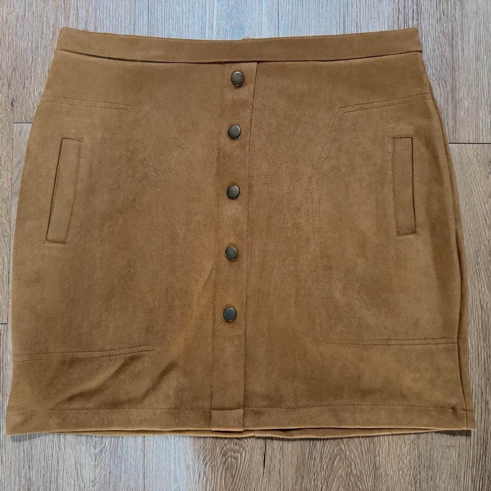 Tan Button-Front Suede Skirt